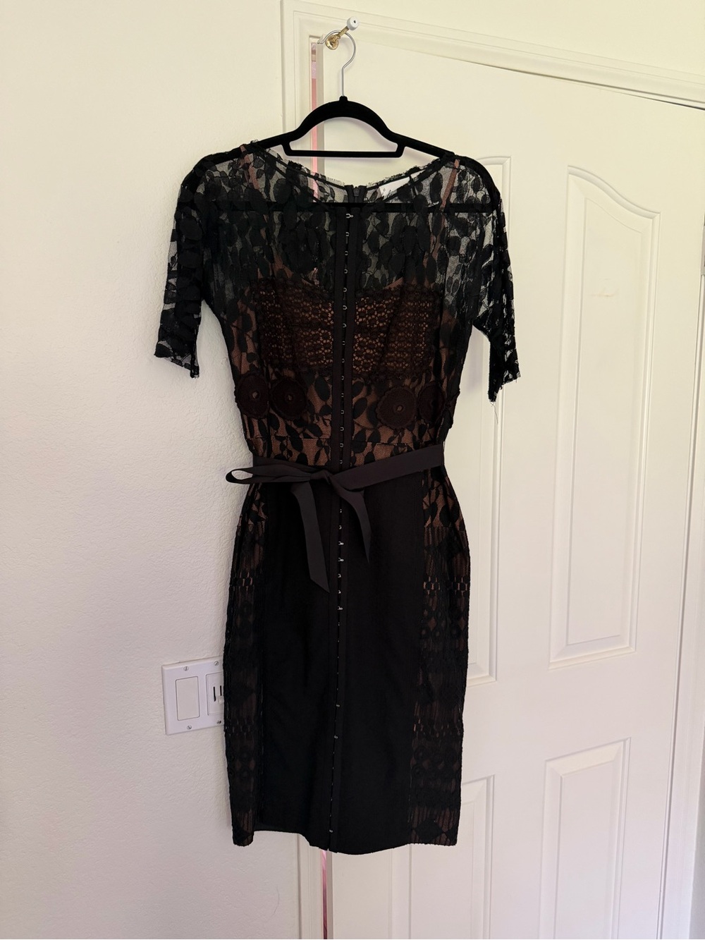 Byron Lars Black Lace Midi Dress with Waist Tie
